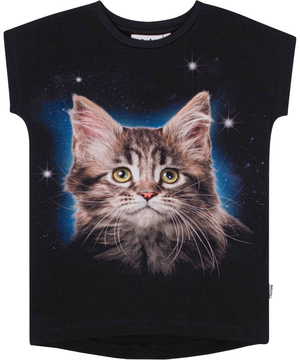 Ragnhilde - Space Cat - Black, organic cotton t-shirt with kitten print 