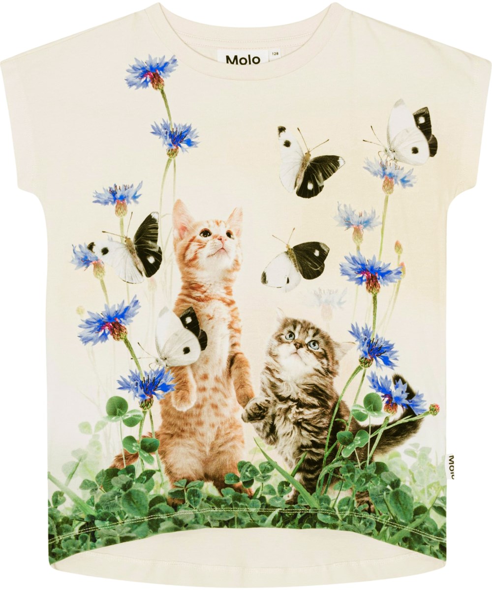 Ragnhilde - Yin Yang Kitten - Sleeveless, white t-shirt in organic cotton with a print of curious cats 