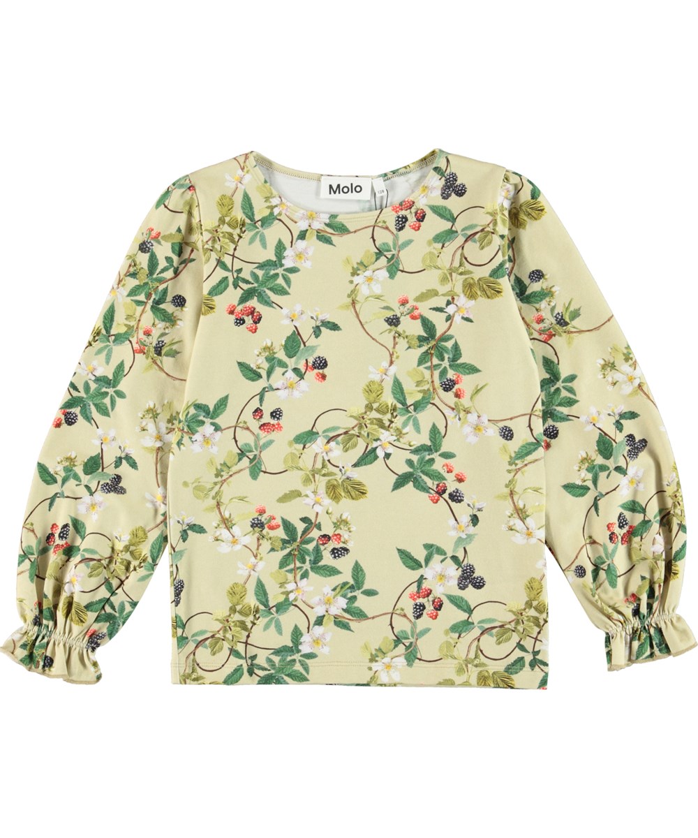 Raina - Bramble - Light green organic top with a print of blackberries