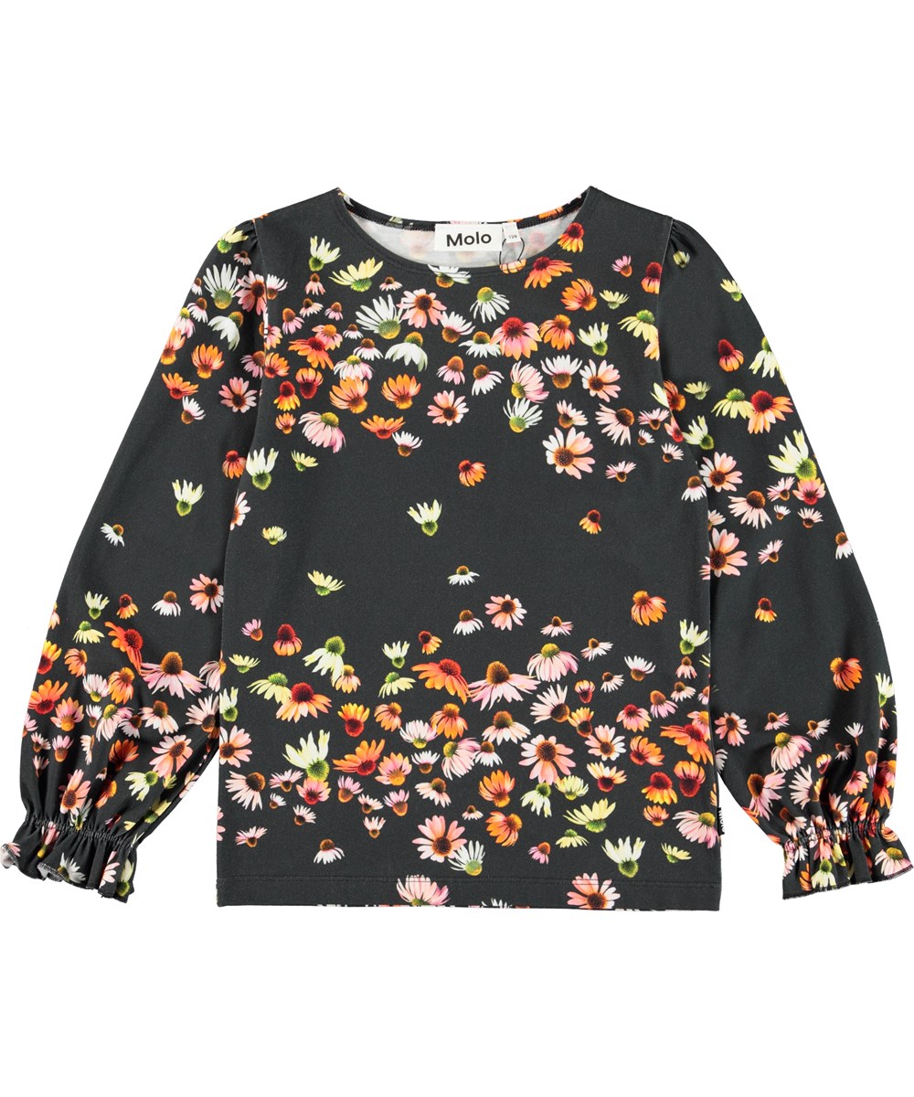 Raina - Echinacea - Black organic top with floral print