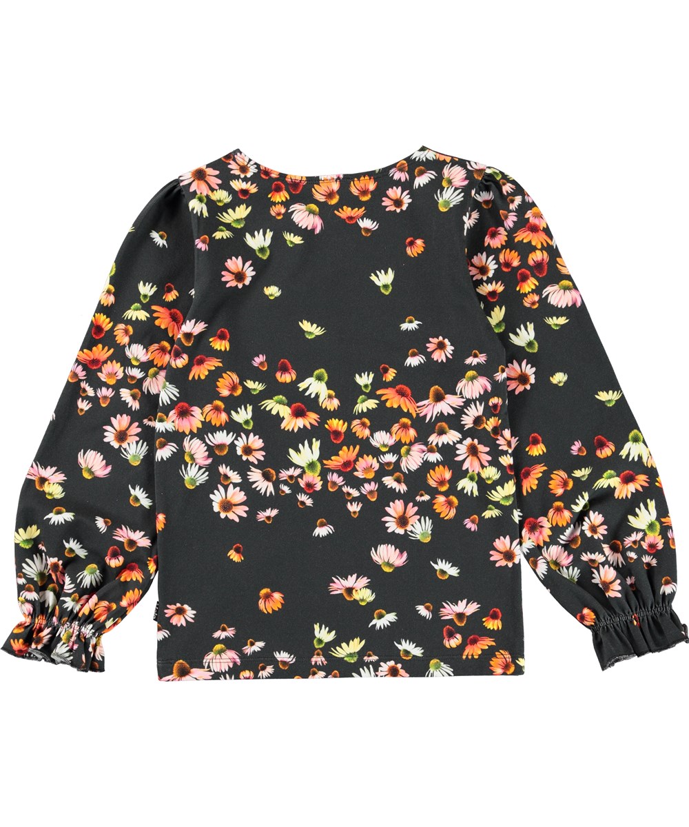 Raina - Echinacea - Black organic top with floral print