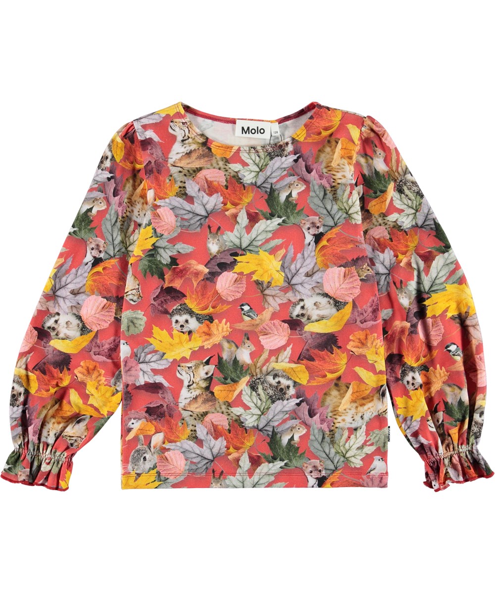 Raina - Forest Play - Red organic top with leaves and animals