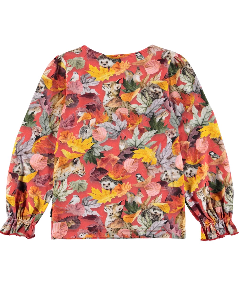 Raina - Forest Play - Red organic top with leaves and animals