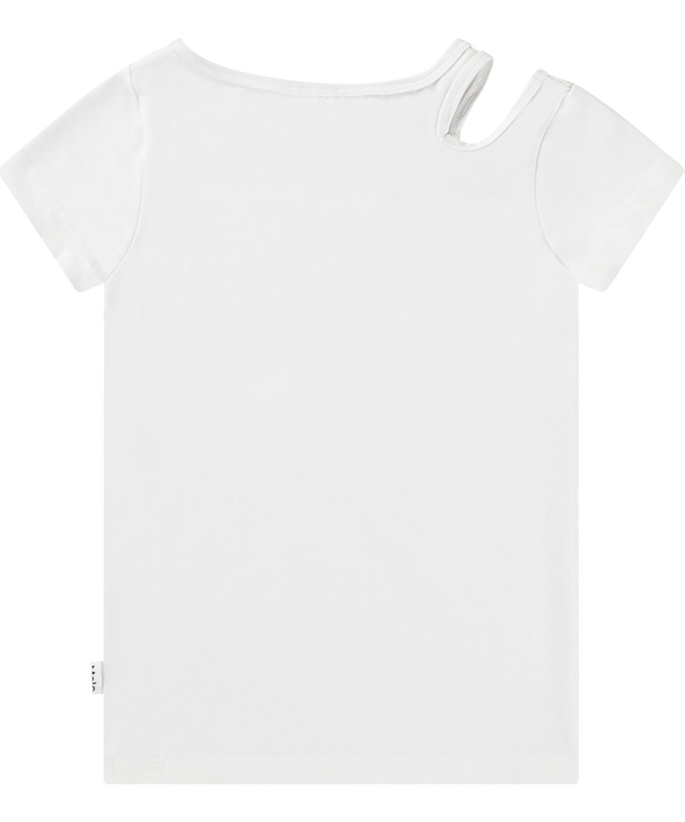 Raja - Crisp White - Fitted white t-shirt in organic cotton with a round neck and open on the right shoulder.