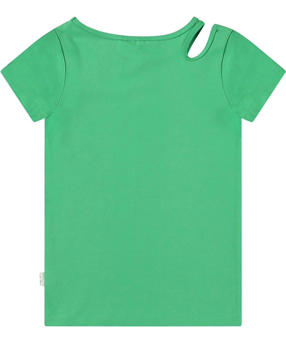 Raja - Jungle Power - Fitted green t-shirt in organic cotton with a round neck and open on the right shoulder.