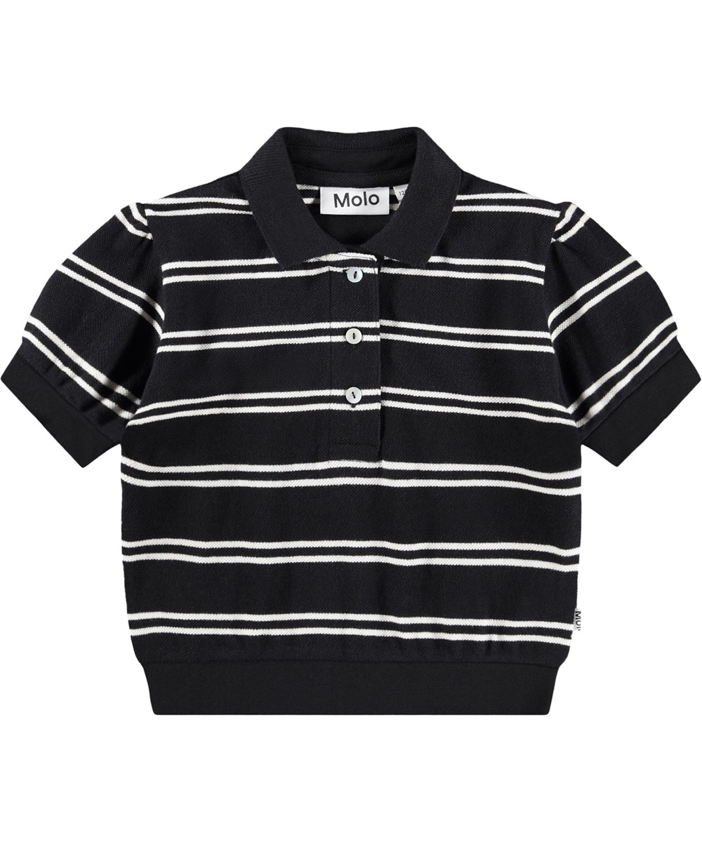 Raki - Black Ivory Stripe - White and black striped polo shirt for children made of organic cotton 