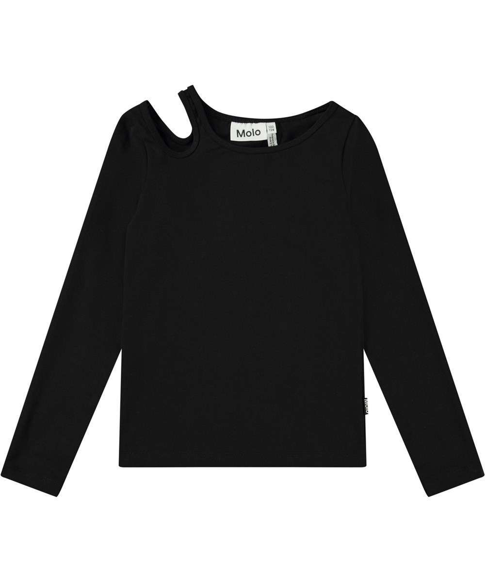Ramona - Black - Fitted black long-sleeved top in organic cotton with a round neck and open on the right shoulder.