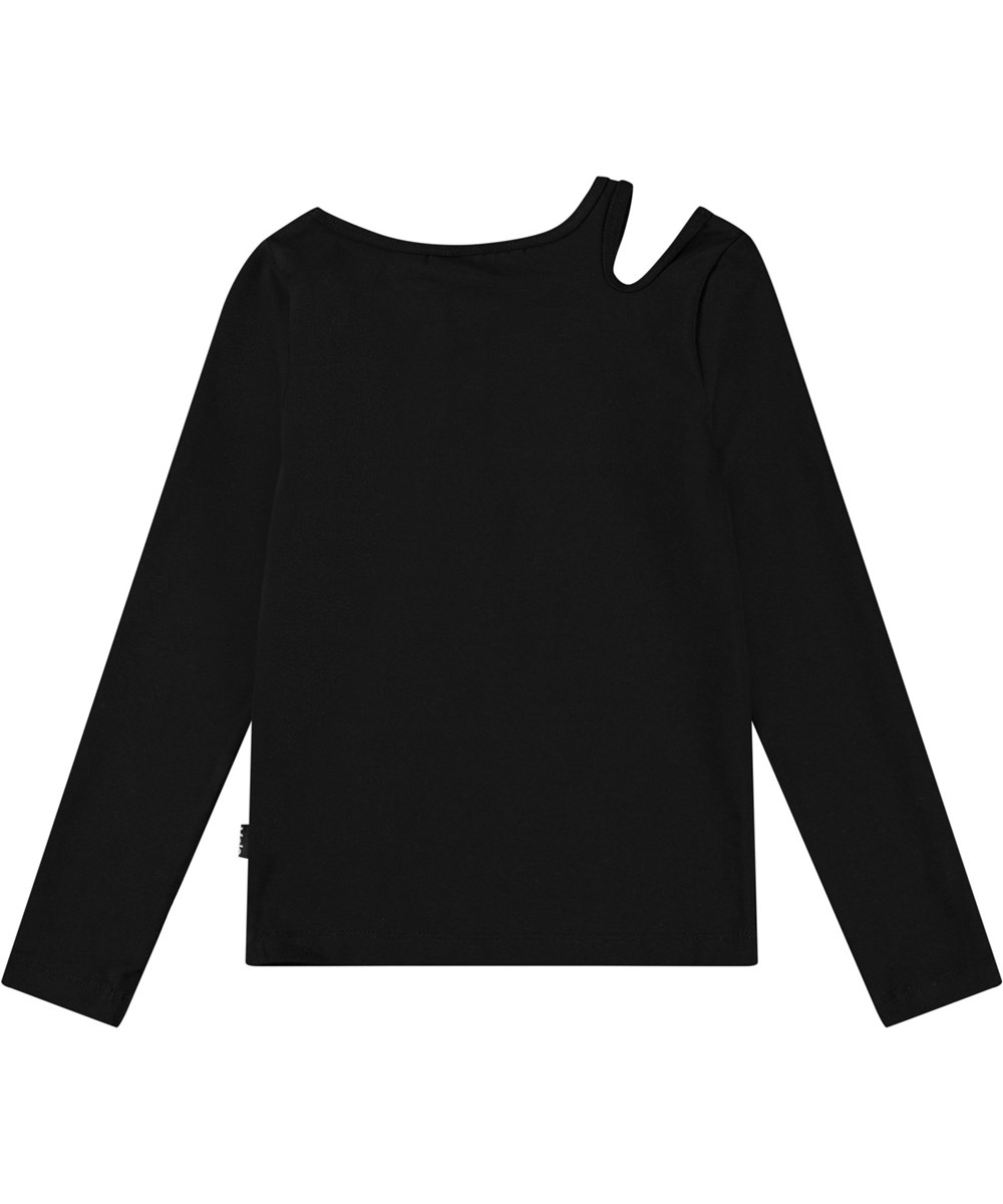 Ramona - Black - Fitted black long-sleeved top in organic cotton with a round neck and open on the right shoulder.