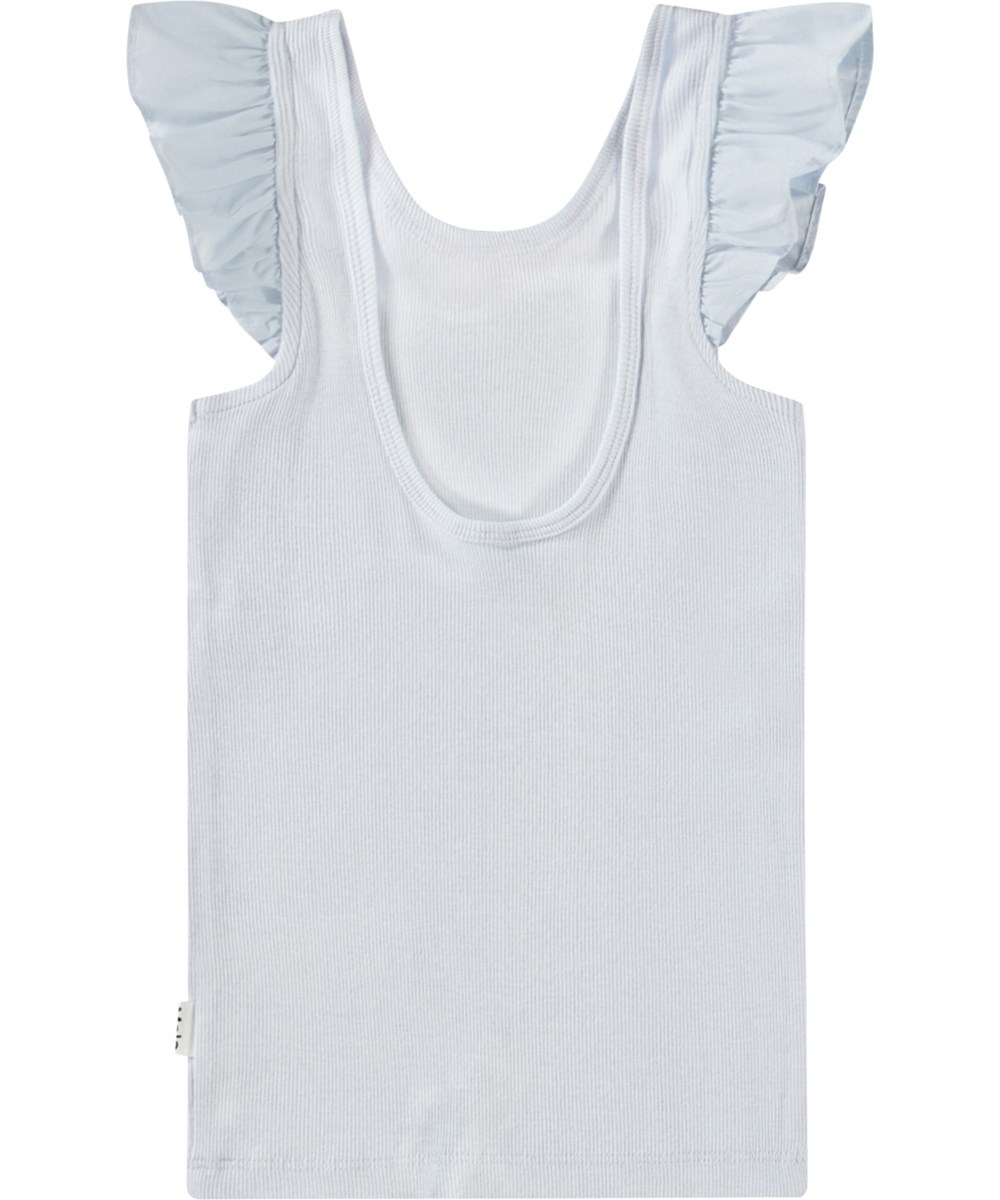 Ranja - Skywriting - Light blue tank top top for children in soft organic cotton with ruffleed sleeves.