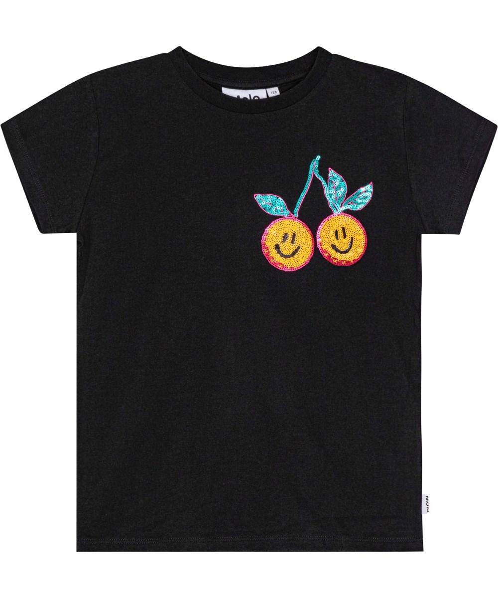 Ranva - Black - Black T-shirt in organic cotton with round neckline, sequin yellow cherry embroidery.