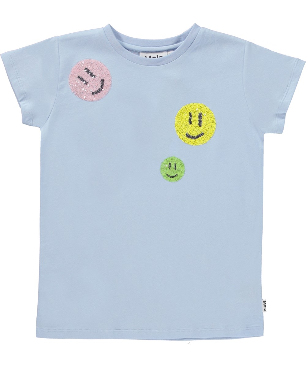 Ranva - Windy - Light blue slim fit t-shirt with smiley face sequined embroidery