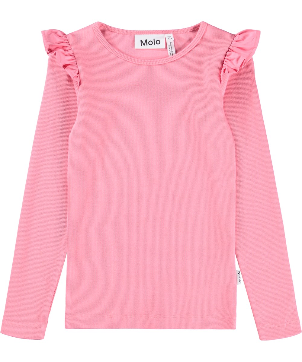Rasmine - Confetti - Pink long-sleeved fitted top for children made of soft organic cotton rib with a round neck and ruffle detail at the shoulder.
