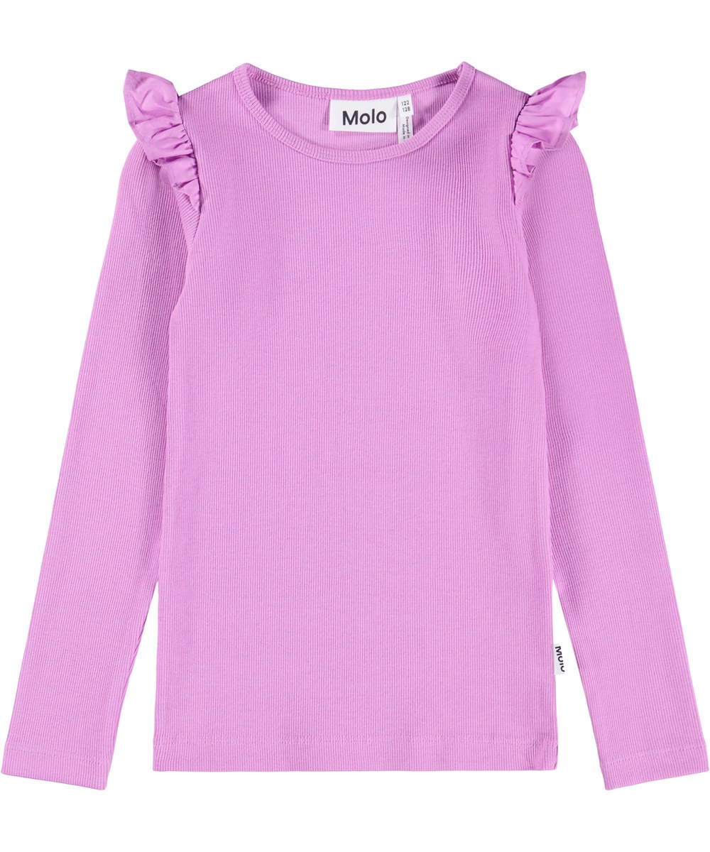Rasmine - Purple Ray - Purple long-sleeved fitted top for children made of soft organic cotton rib with a round neck and ruffle detail at the shoulder.