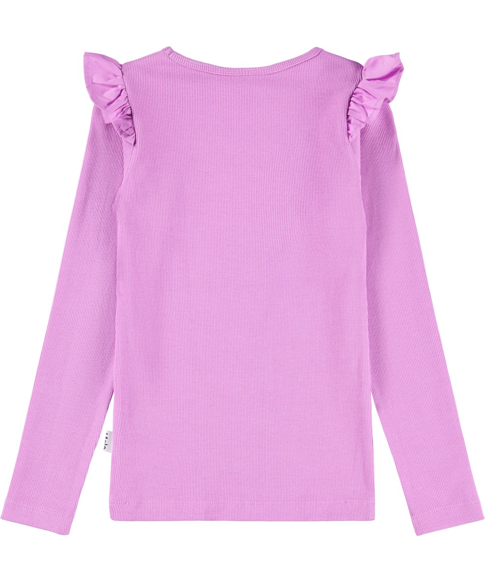 Rasmine - Purple Ray - Purple long-sleeved fitted top for children made of soft organic cotton rib with a round neck and ruffle detail at the shoulder.