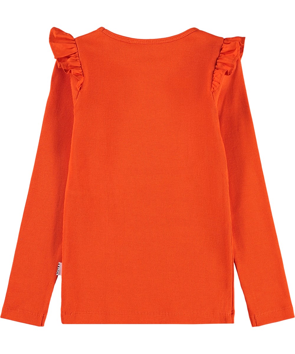 Rasmine - Rising Sun - Red long-sleeved fitted top for children made of soft organic cotton rib with a round neck and ruffle detail at the shoulder.