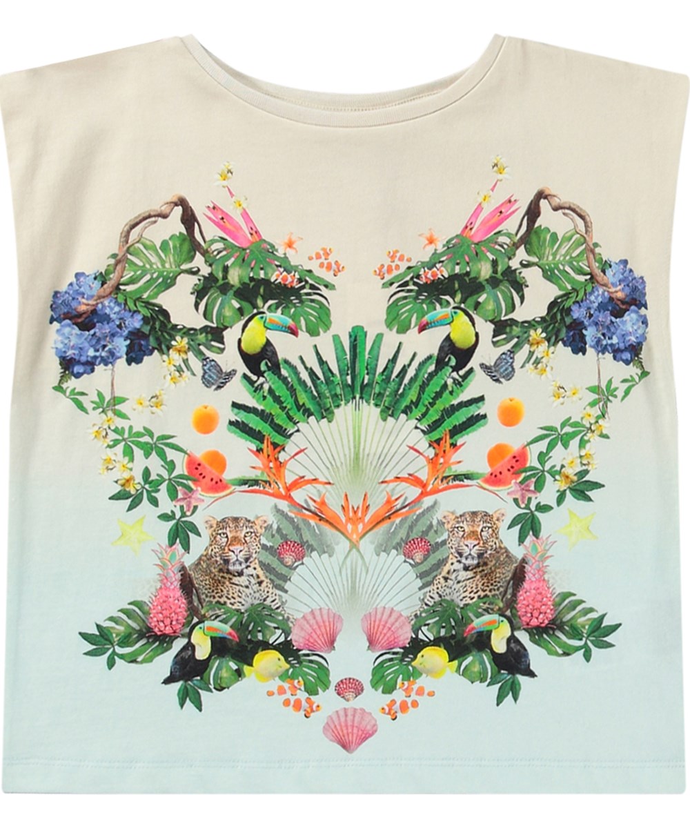 Ravonda - Magic Sand - Light blue and beige oversized top for children in organic cotton with ribbed neckline.