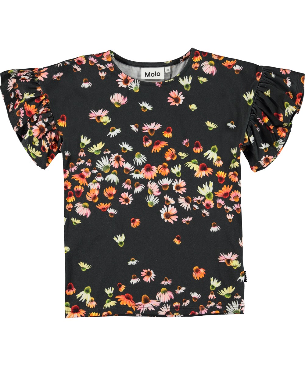 Rayah - Echinacea - Black organic t-shirt with floral print