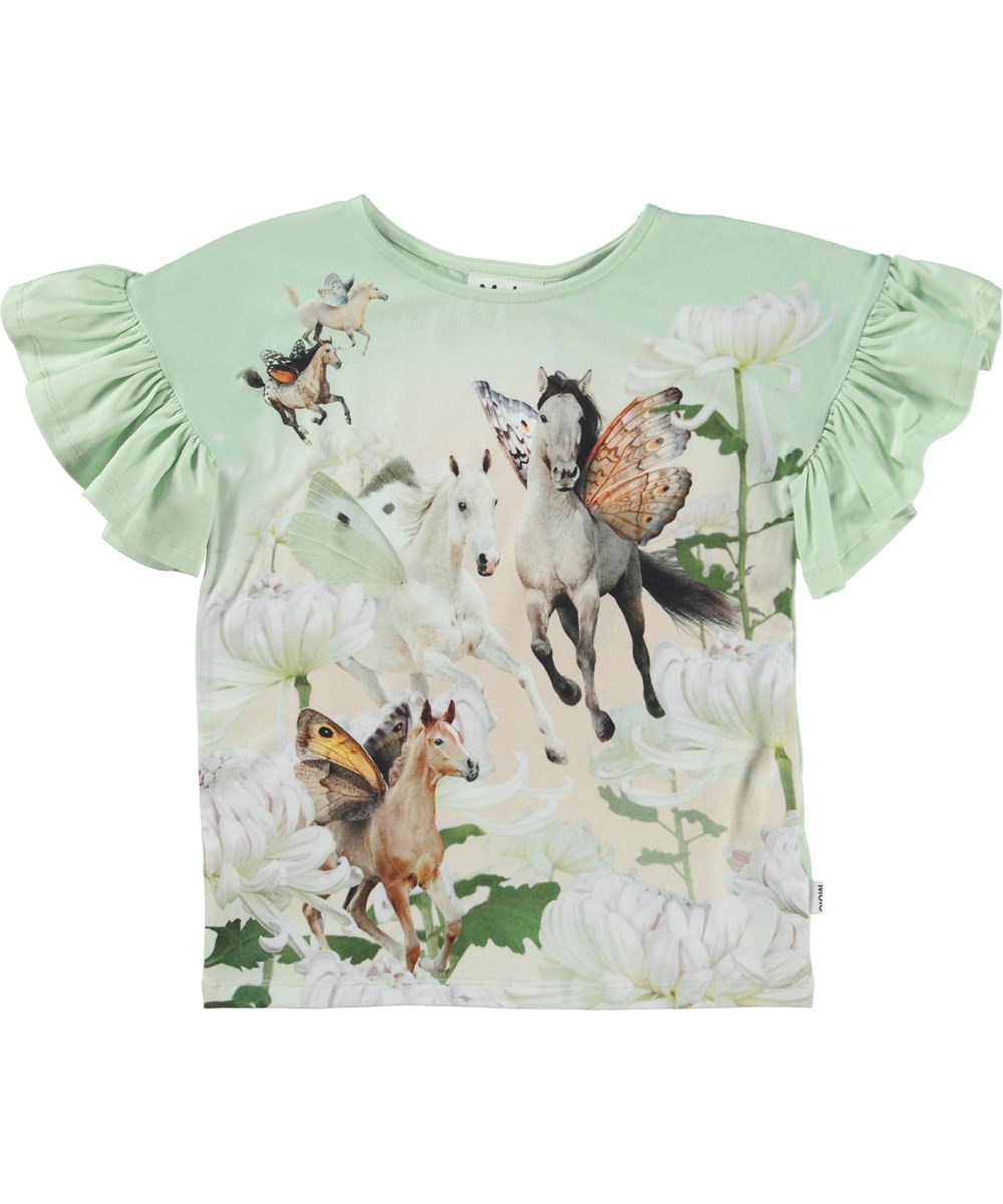 Rayah - Flying Horses - Organic top with ruffle sleeves and flying horse print