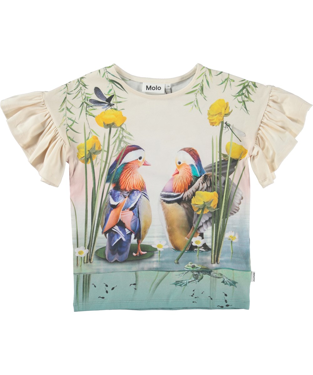 Rayah - Morning Dew Pond - Organc top with ruffle sleeves and tropical bird print