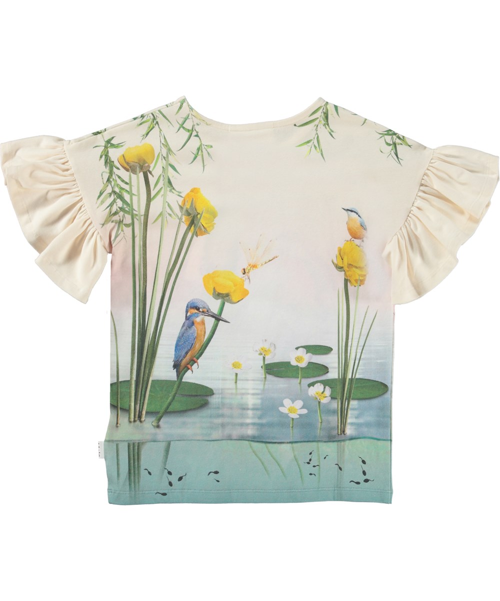 Rayah - Morning Dew Pond - Organc top with ruffle sleeves and tropical bird print