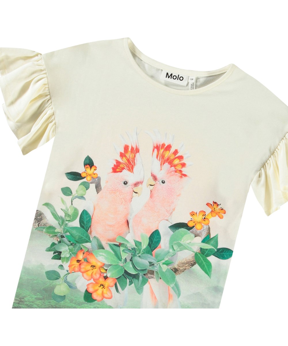 Rayah - Two Birds - White organic cotton t-shirt for children with a round neck and ruffle sleeves.