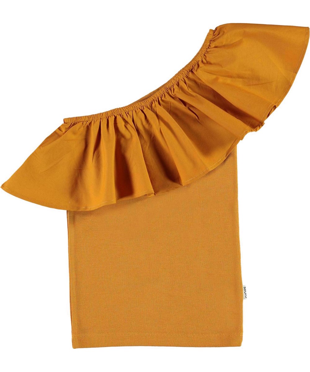Rebecca - Almond - Brown asymmetrical top with ruffle edge