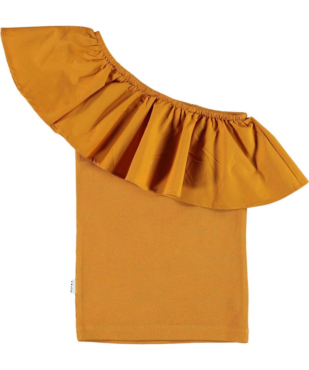 Rebecca - Almond - Brown asymmetrical top with ruffle edge