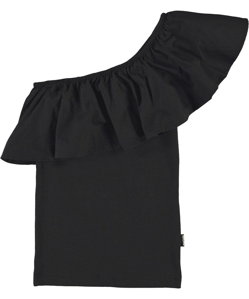 Rebecca - Black - Black asymmetrical top with ruffle edge