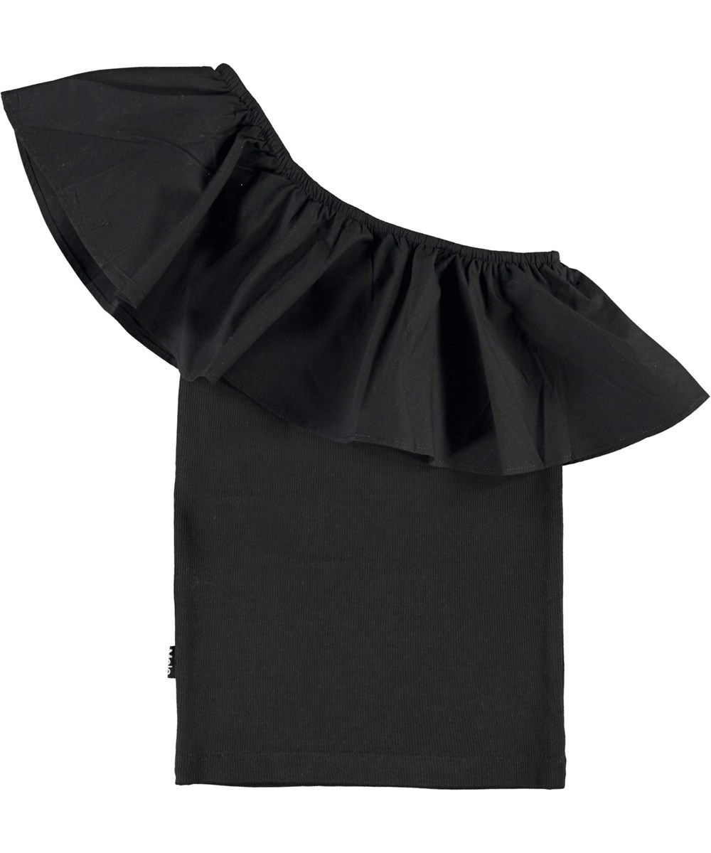 Rebecca - Black - Black asymmetrical top with ruffle edge