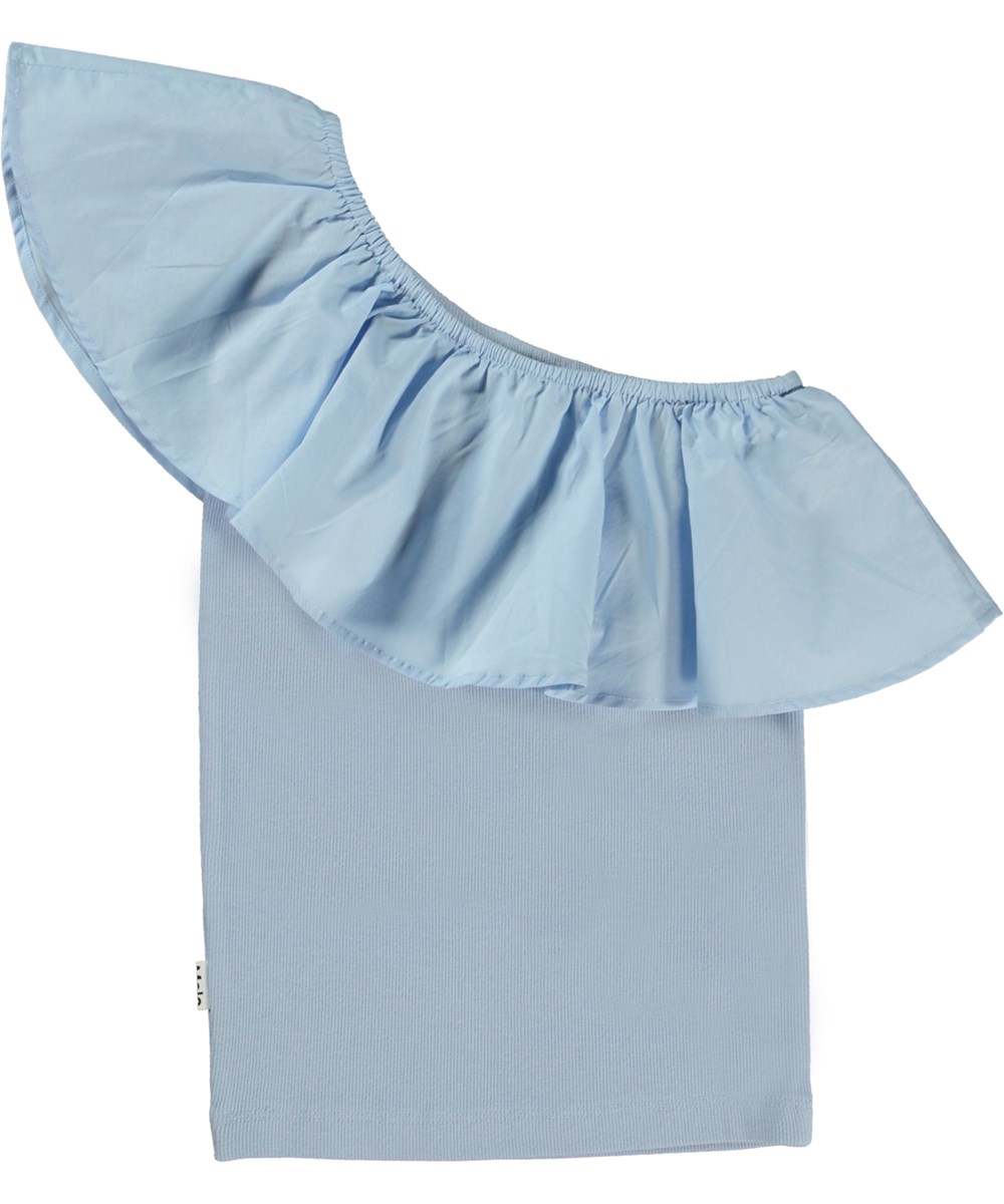 Rebecca - Windy - Light blue organic top with ruffle