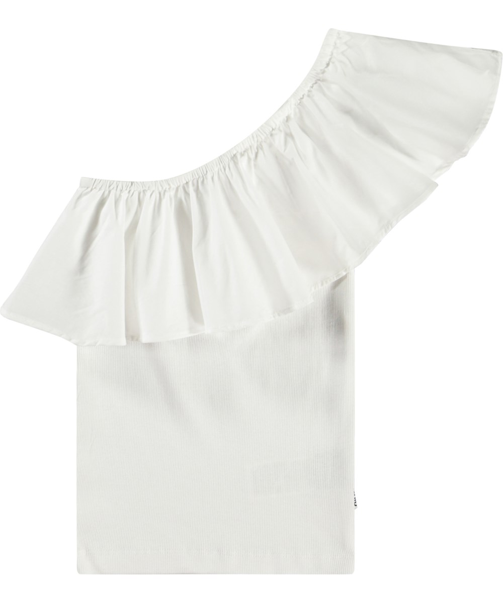 Rebecca - Crisp White - White one-shoulder top for children in organic cotton with stretch.