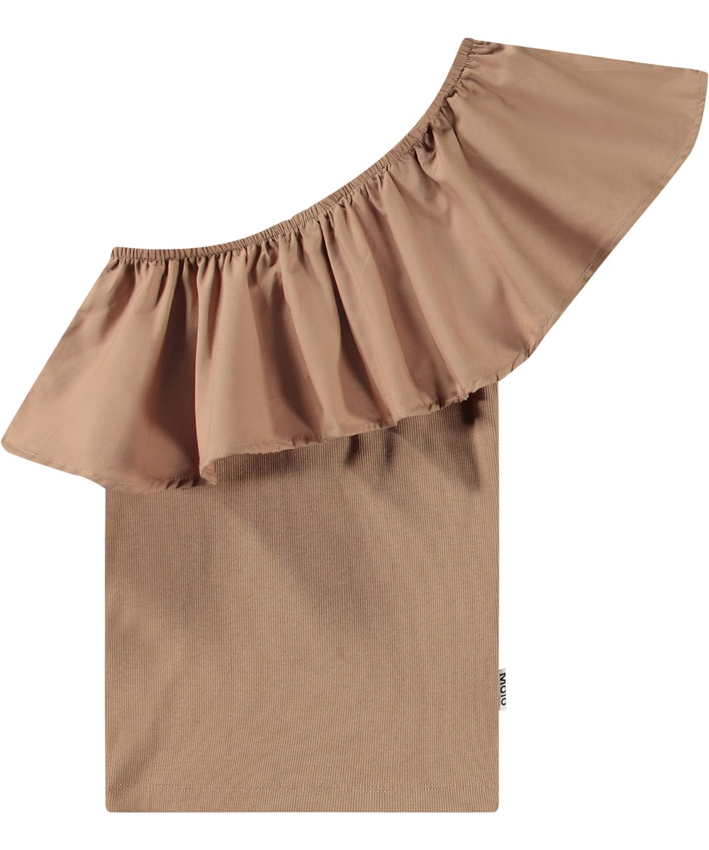Rebecca - Sandalwood - Brown one-shoulder top for children in organic cotton with stretch.