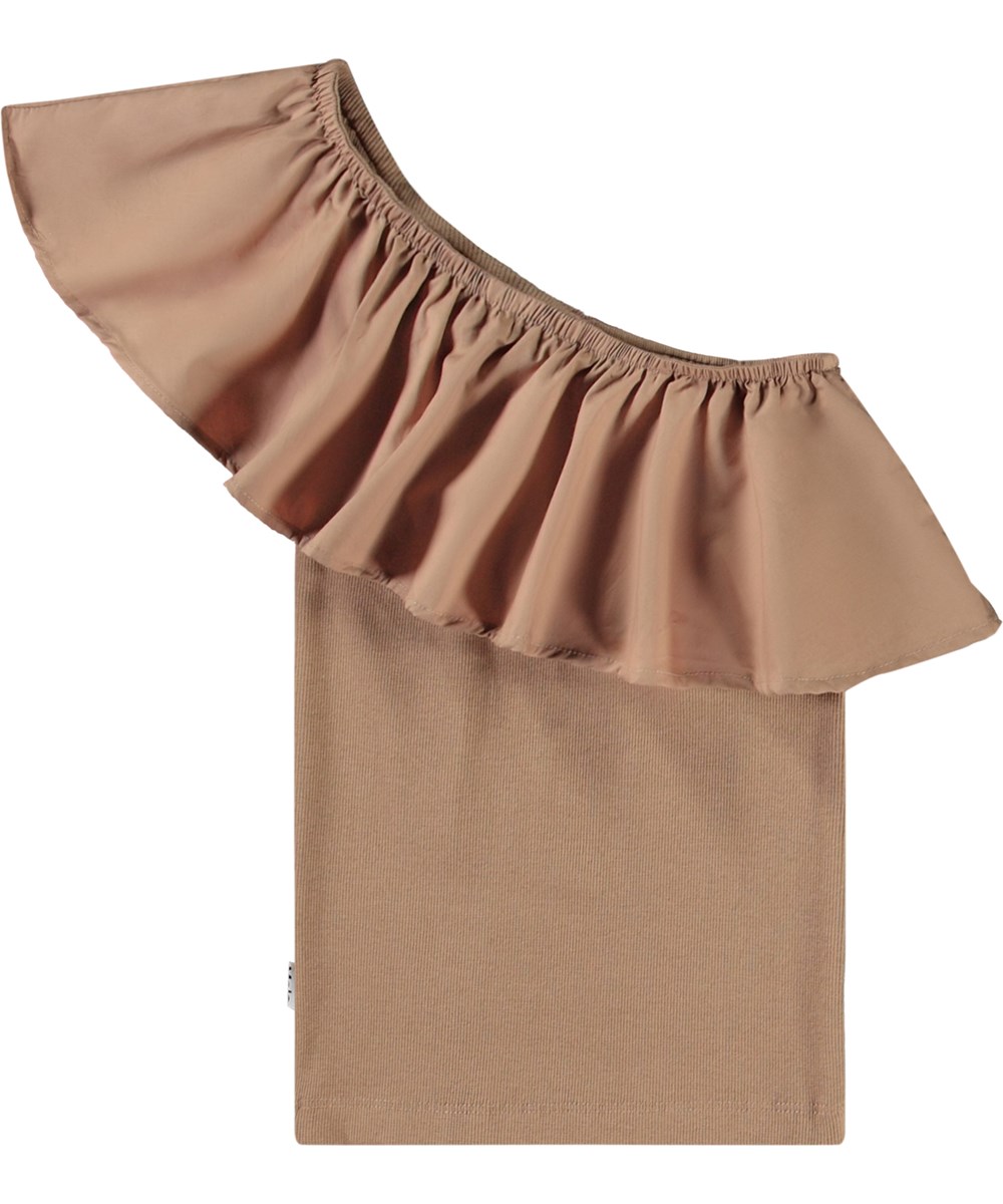 Rebecca - Sandalwood - Brown one-shoulder top for children in organic cotton with stretch.
