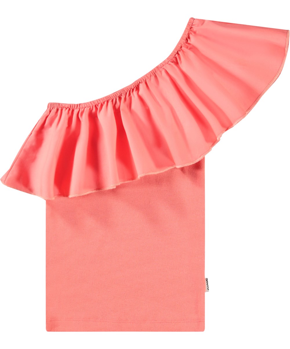 Rebecca - Warm Coral - Coral-coloured one-shoulder top for children in organic cotton with stretch.
