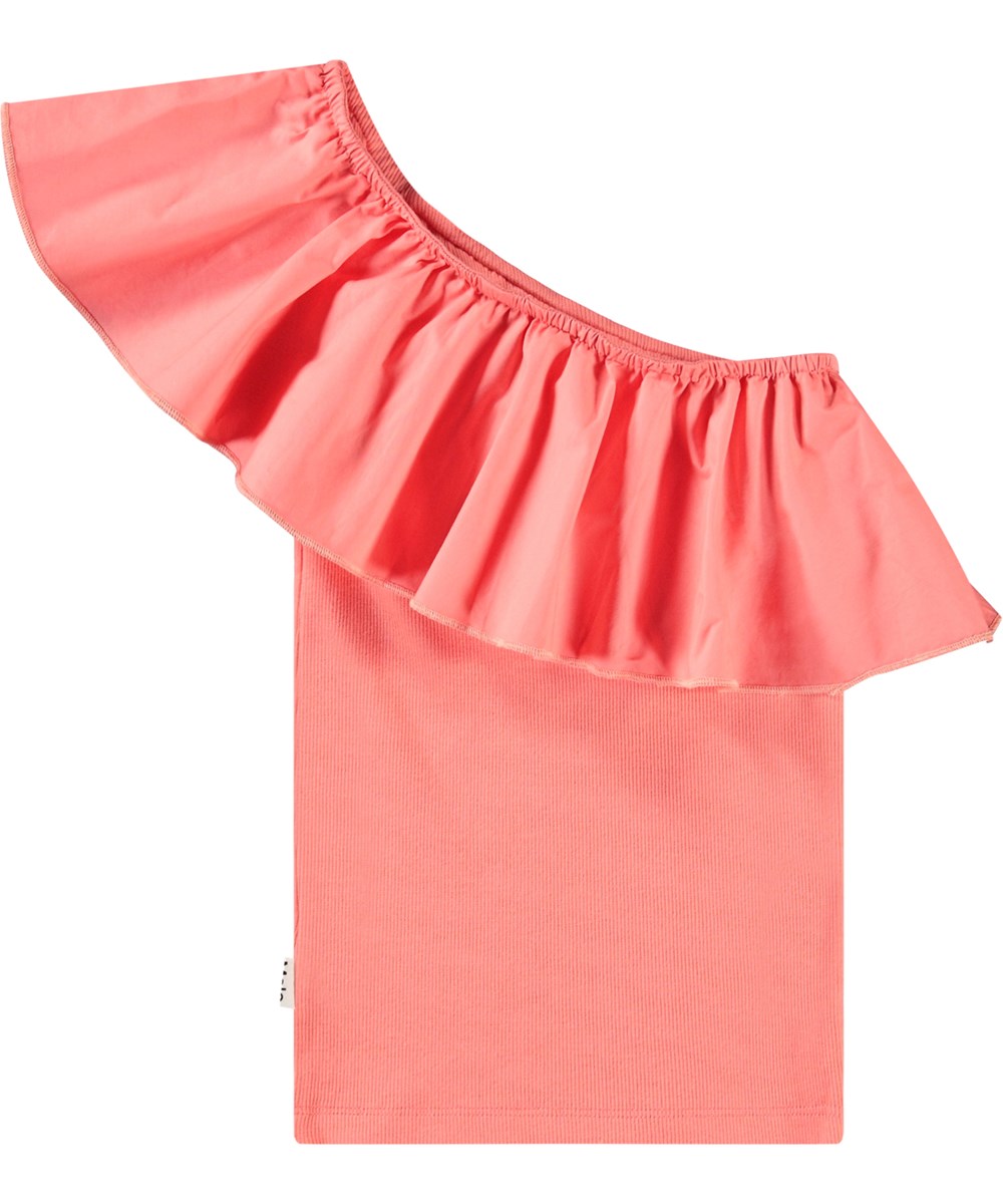 Rebecca - Warm Coral - Coral-coloured one-shoulder top for children in organic cotton with stretch.