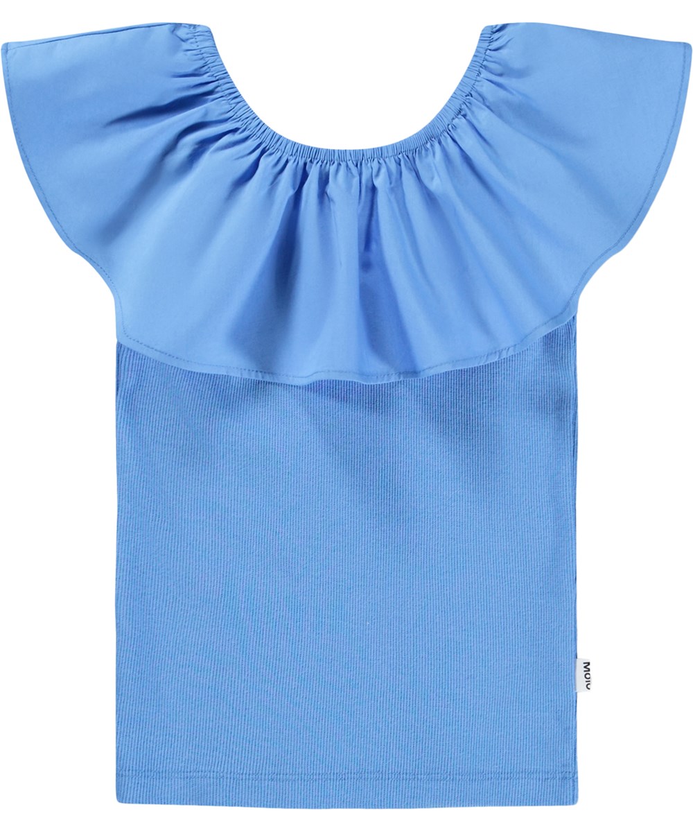 Reca - Blue Flower - Blue off-shoulder top for children made of organic cotton