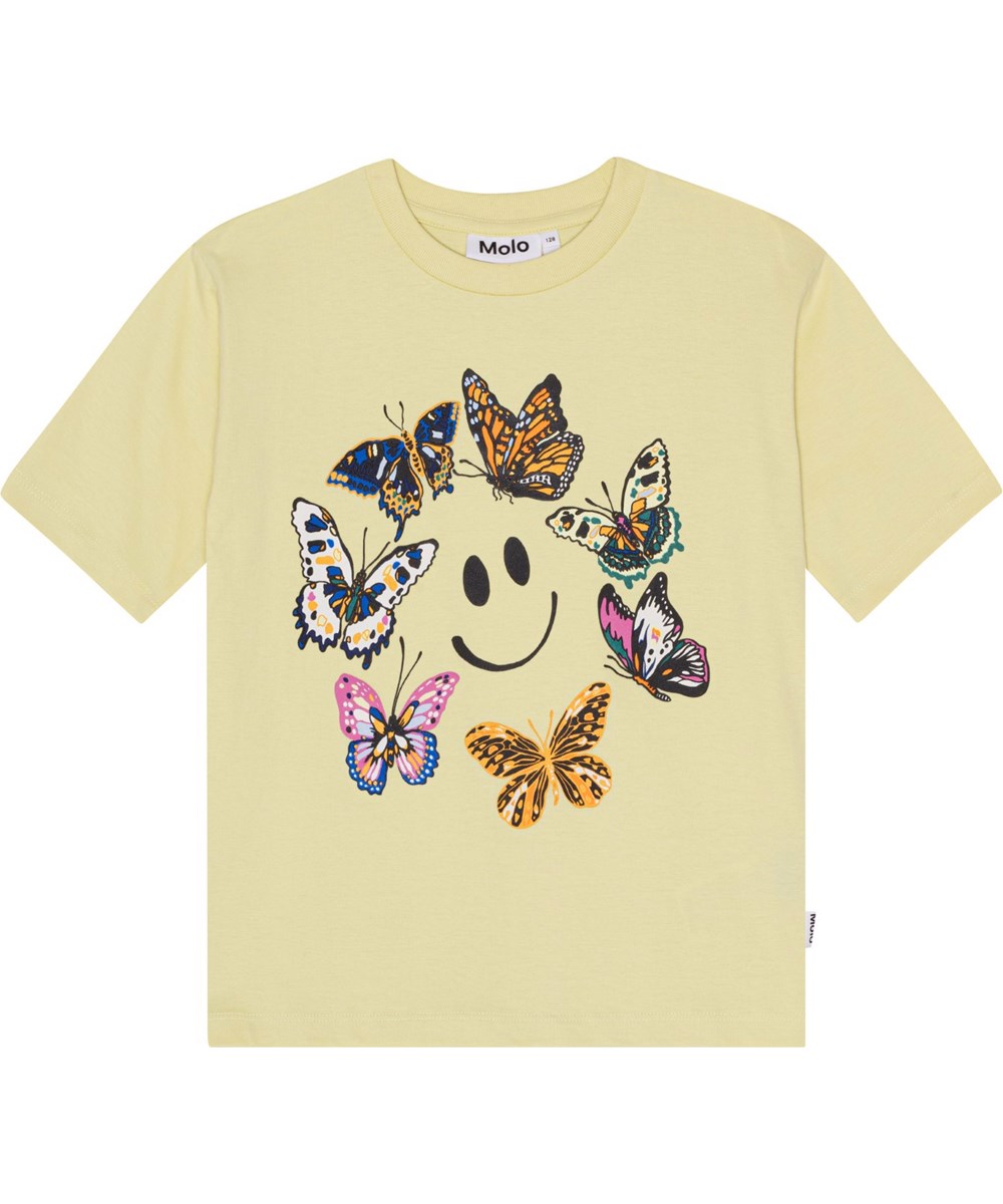 Reen - Happy Butterflies - Short sleeve, yellow t-shirt in organic cotton with multi-coloured happy butterfly print  