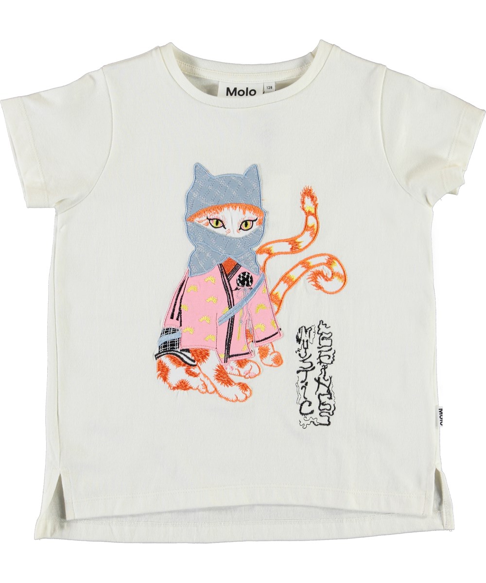 Reenasa - Ninja Kitty - White organic t-shirt with ninja cat