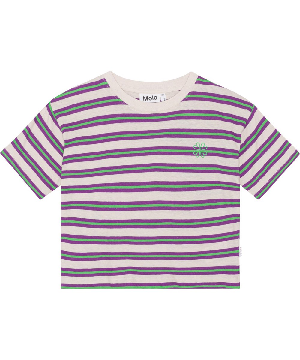 Reinette - Purple Green Stripe - Short sleeve, beige t-shirt in a soft cotton blend with purple and green stripes