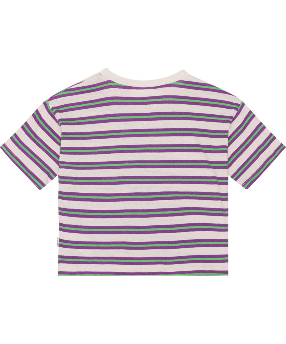 Reinette - Purple Green Stripe - Short sleeve, beige t-shirt in a soft cotton blend with purple and green stripes