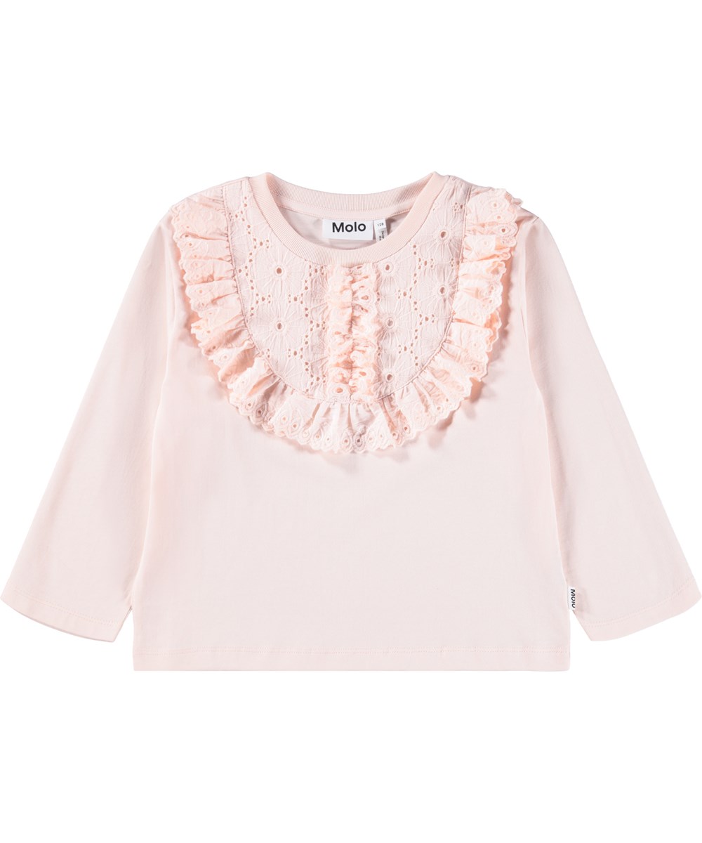 Rena - Rose Hips - Pink long-sleeved blouse for children made of soft organic cotton with a round neck and scalloped hem and embroidery anglaise detail.