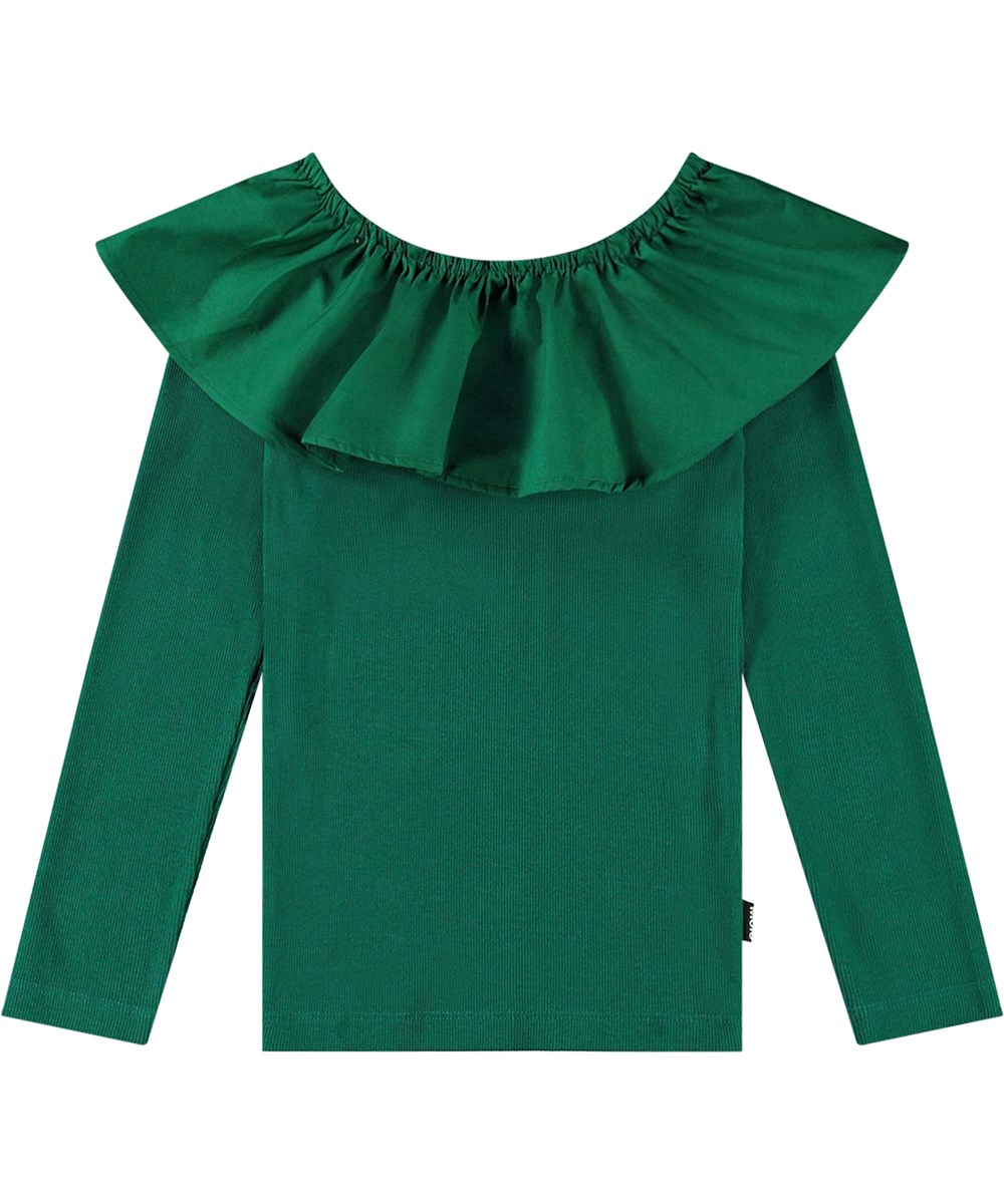 Renate - Aventurine - Fitted long-sleeved top in bottle green organic cotton rib with poplin collar.
