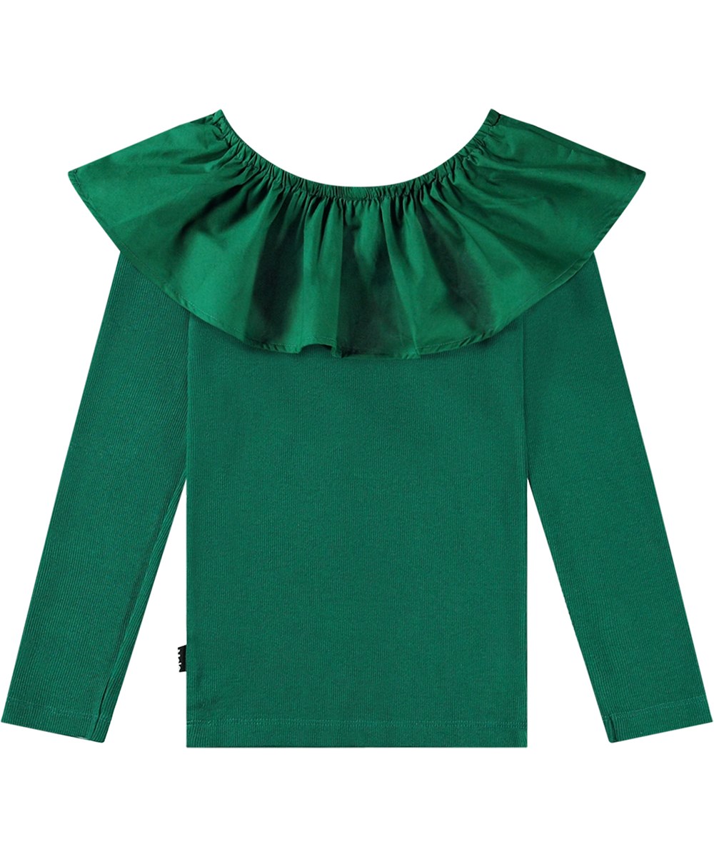 Renate - Aventurine - Fitted long-sleeved top in bottle green organic cotton rib with poplin collar.