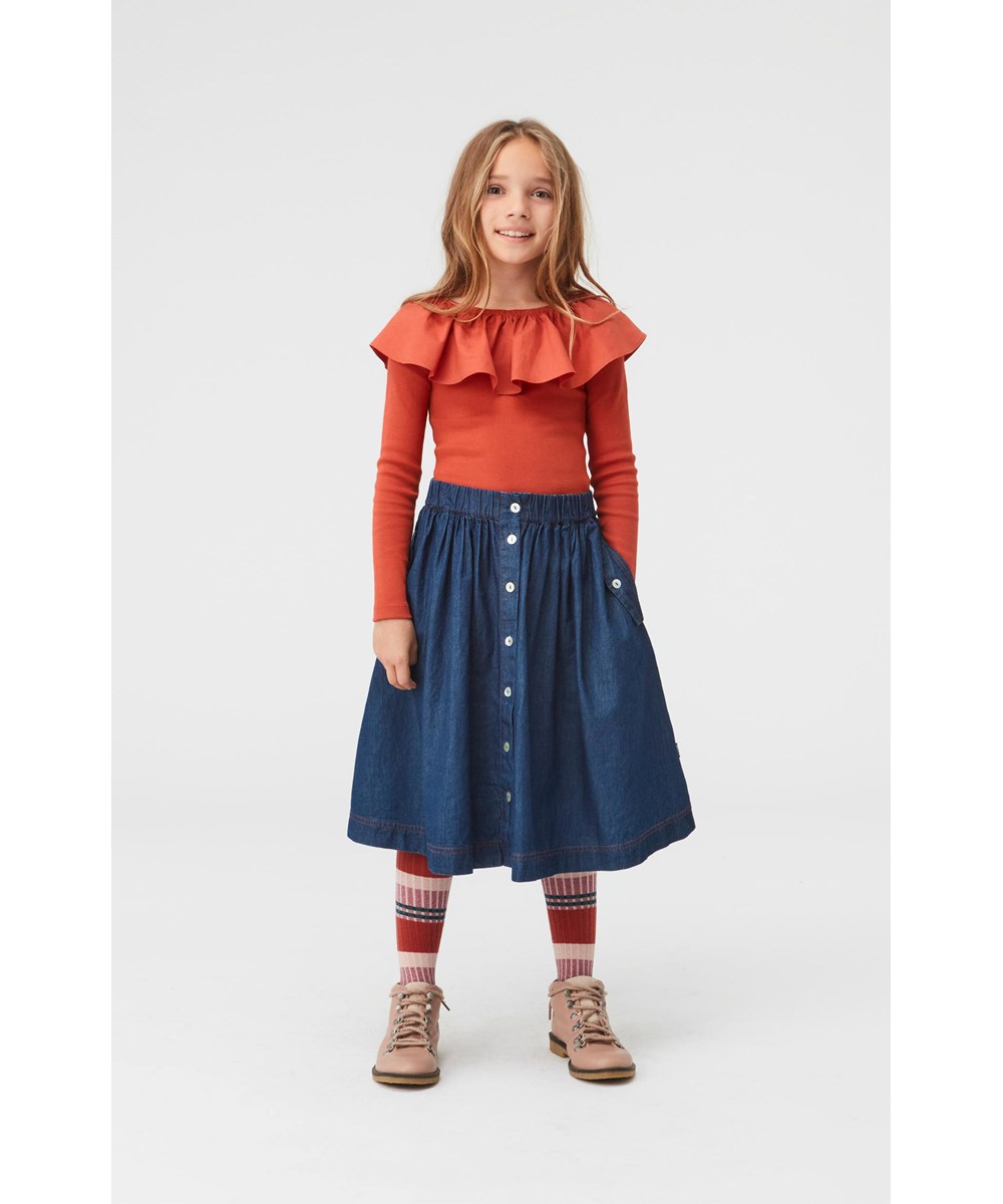 Renate - Burnt Brick - Red organic top with ruffle on shoulders