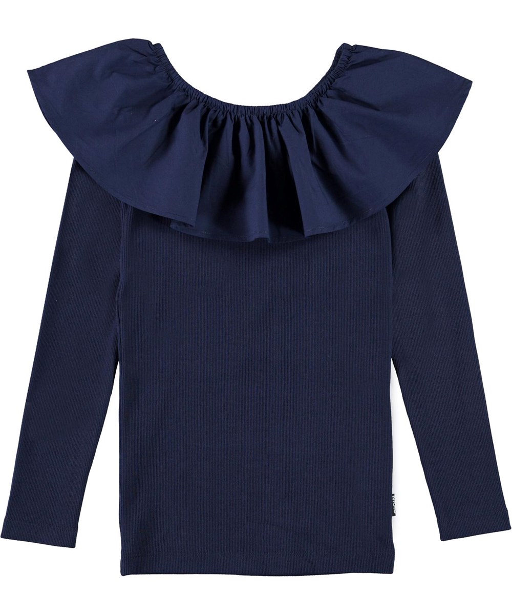 Renate - Peacoat - Blue organic top with ruffles on the shoulder