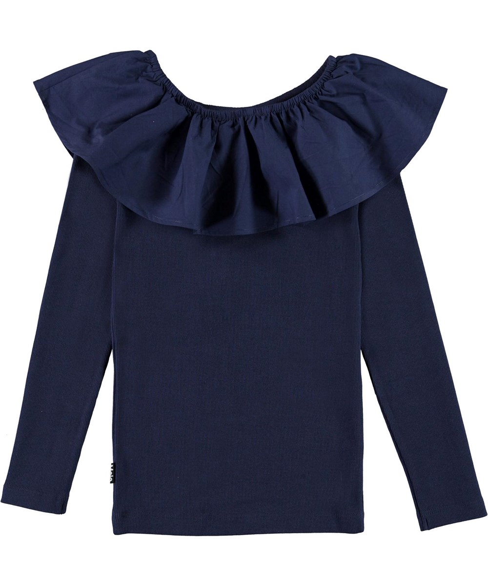 Renate - Peacoat - Blue organic top with ruffles on the shoulder
