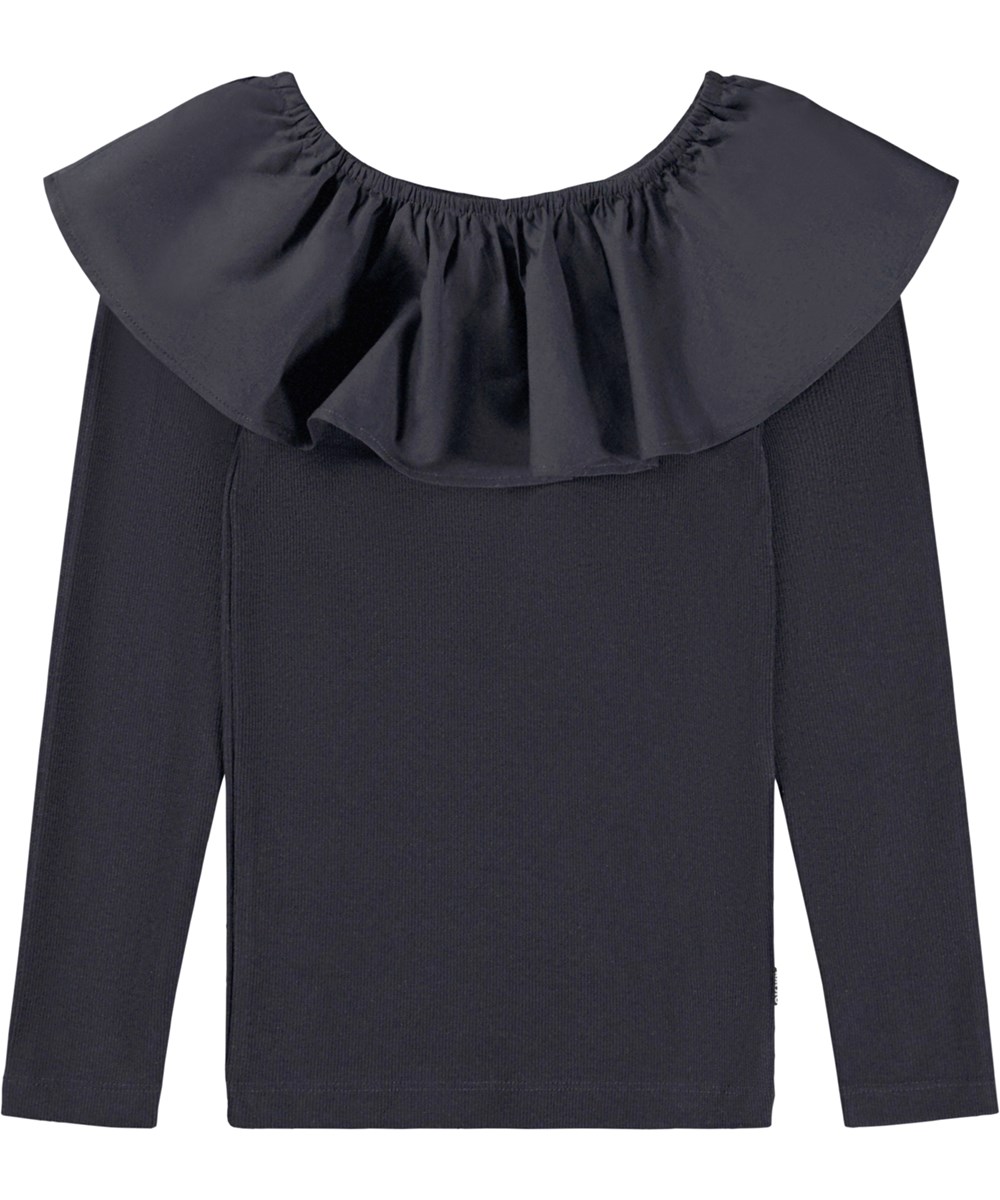 Renate - Purple Black - Black long sleeve organic top with poplin collar 