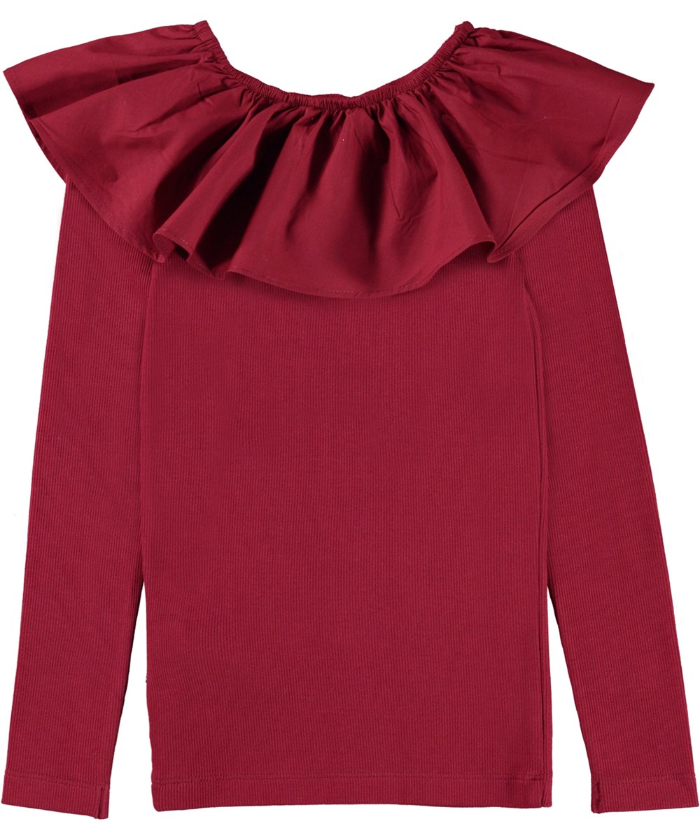 Renate - Velvety - Red organic top with ruffle collar 