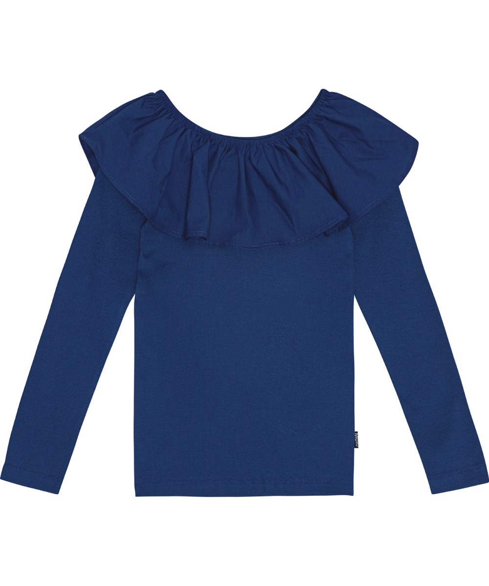 Renate - Vibrant Blue - Navy blue, fitted long-sleeved top in organic cotton rib with poplin collar.