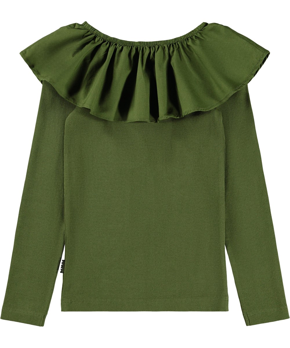 Renate - Evergreen - Bottle green, close-fitting long-sleeved top for children made of organic cotton rib with a poplin collar and elastic that can be worn off-shoulder or lifted up to function as both a collar and sleeve.